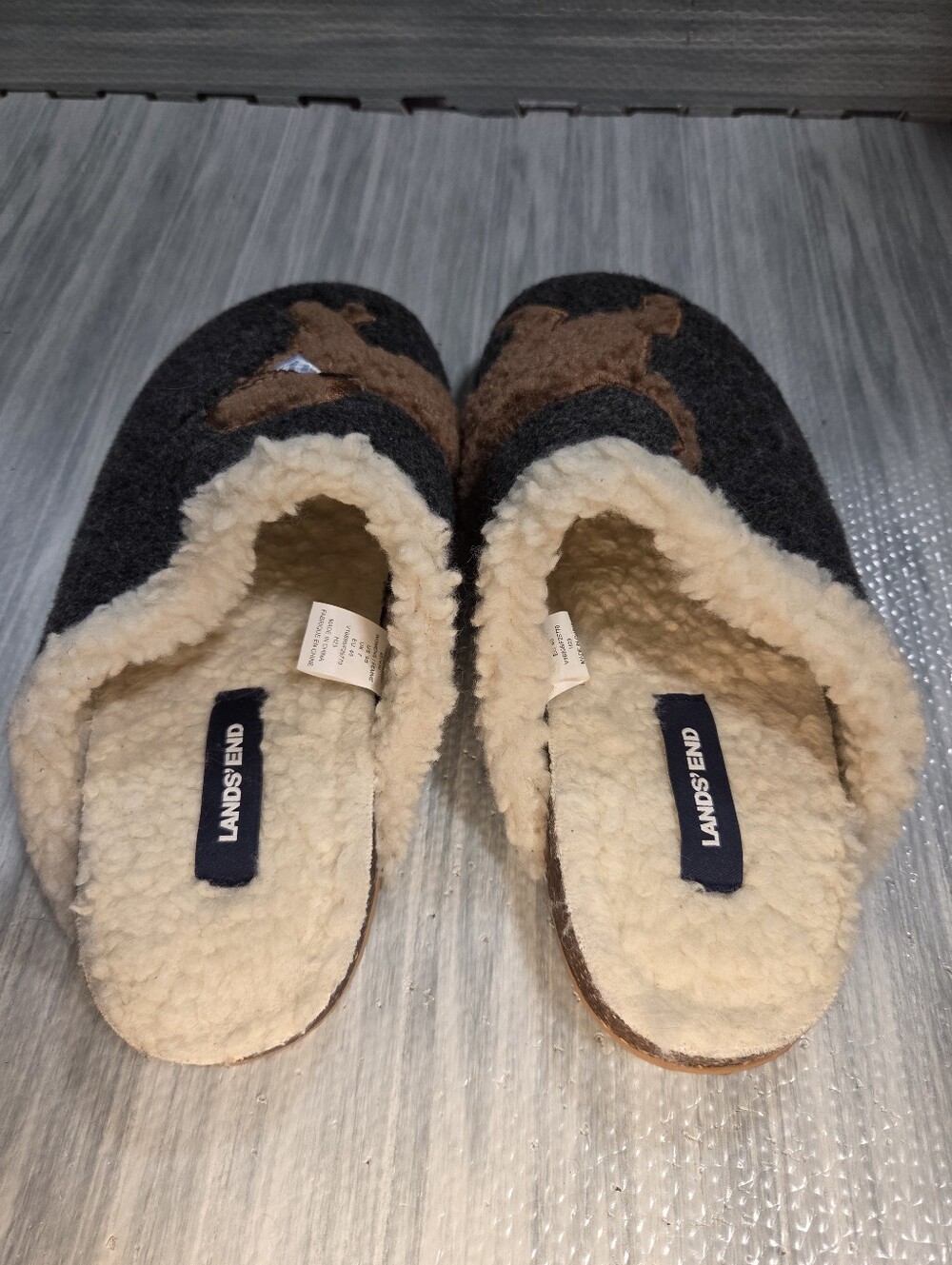 Lands' End Felt Scuff Slippers Dog Print Sherpa Lined Clog House Slippers Sz 9 - Picture 3 of 4
